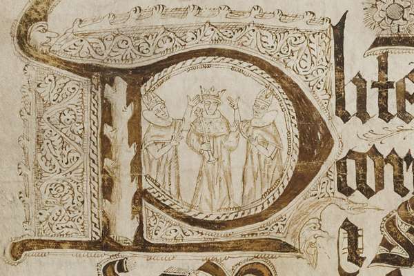 Inside an ornately drawn letter P, a sketch of two bishops placing the crown on King Edward IV's head.