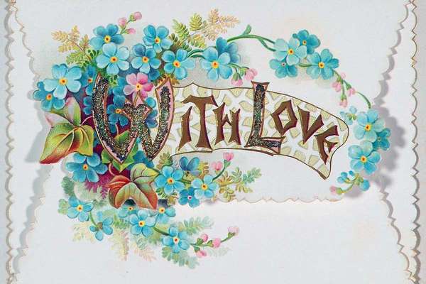 Colourful blue flowers and leaves sketched around the shiny words 'With Love'.