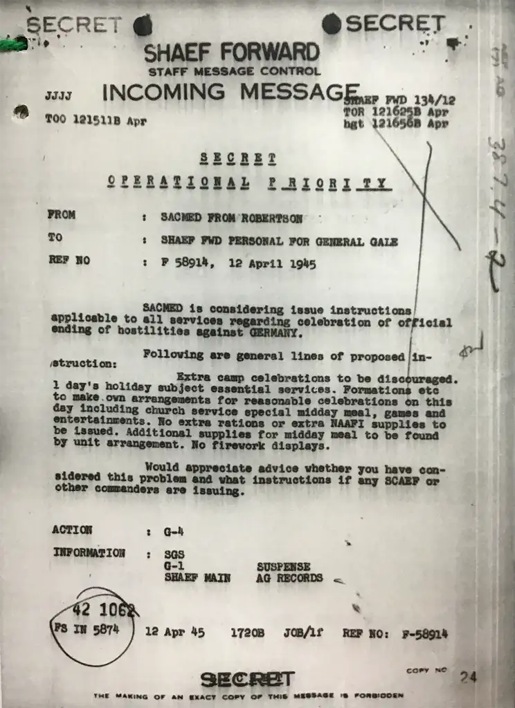 Printed document headed 'SECRET' and 'Staff Message Control Incoming Message'.