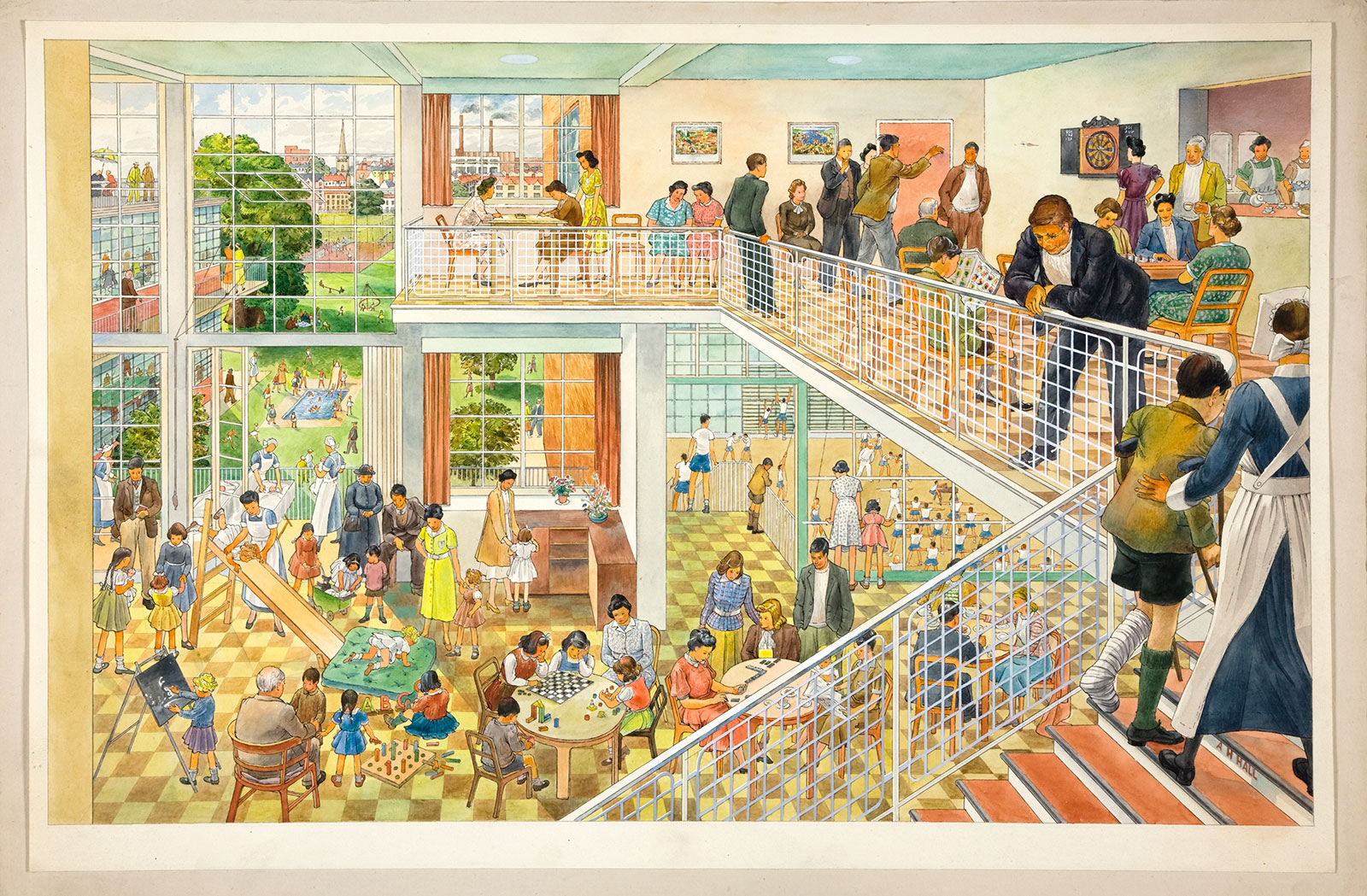 Illustration of a community centre with people doing various activities including playing games, exercising, and drinking tea.