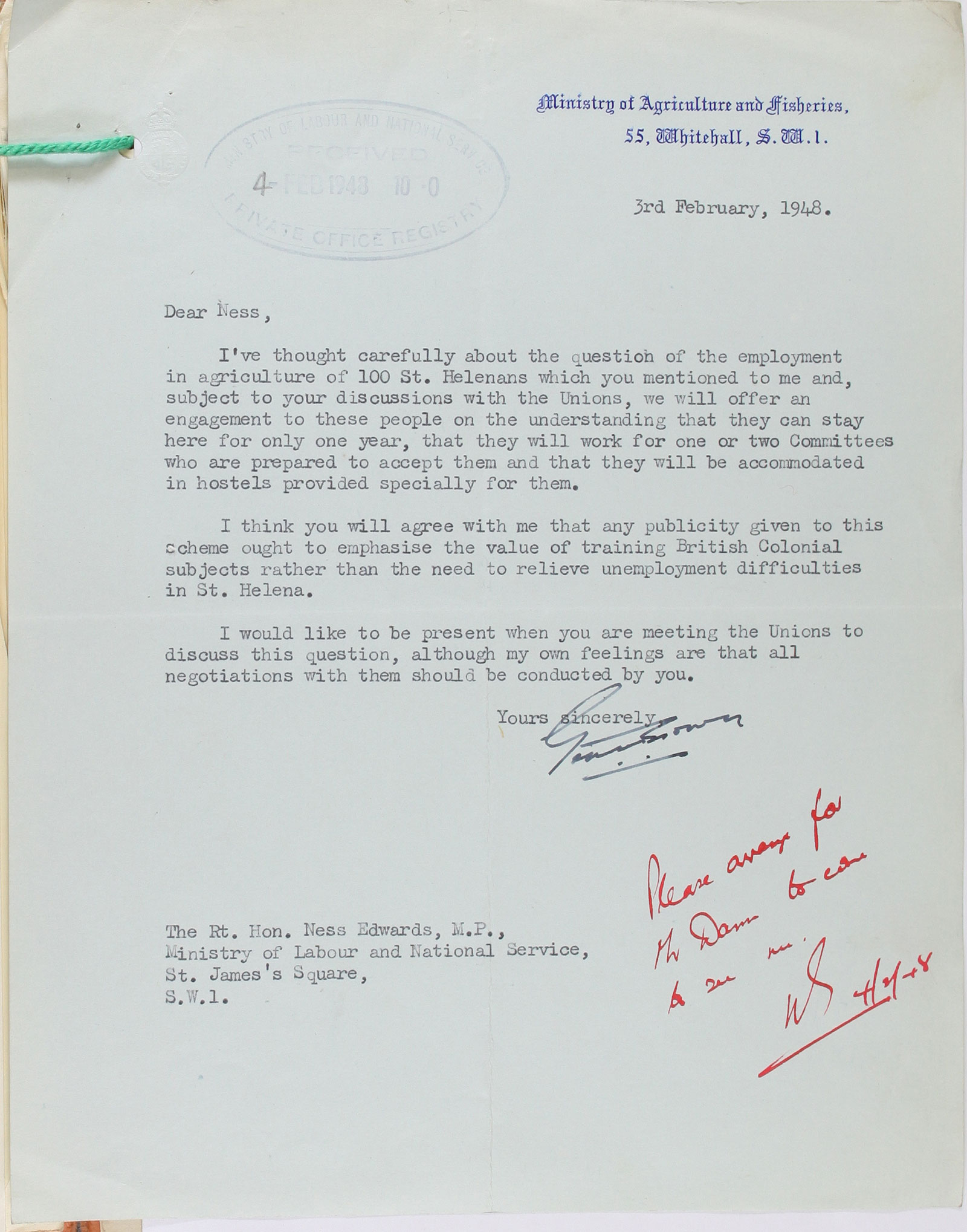 Letter from the Ministry of Agriculture and Fisheries to an M.P. about an agricultural employment scheme, 3rd February, 1948 (LAB 43/12)