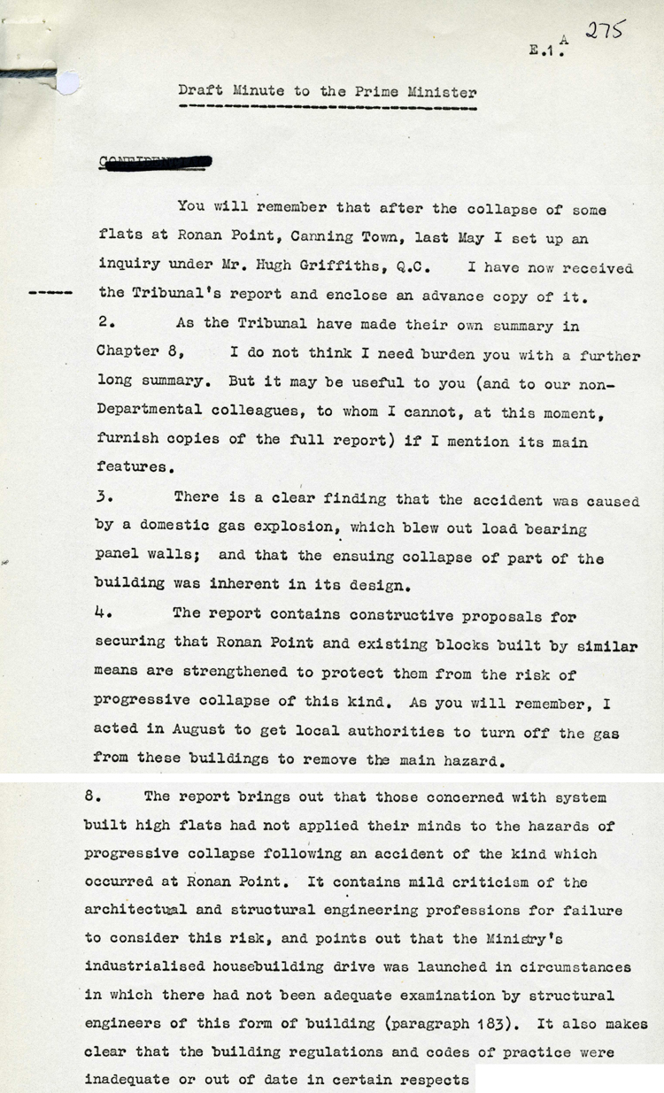 Notes for Prime Minister Harold Wilson relating to the inquiry on the collapse of the Ronan Point tower block, October 1968 (AT 54/54)