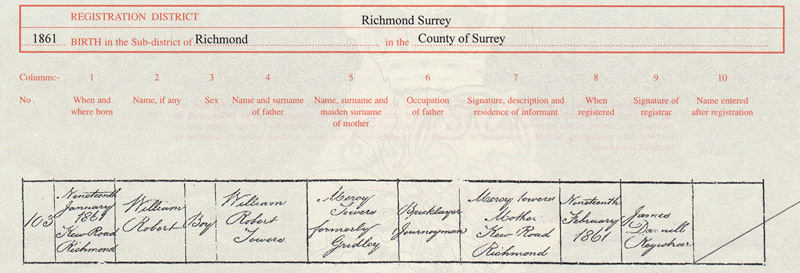Birth Certificate for William Robert Towers, 1861