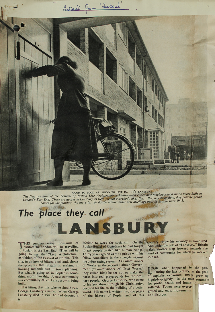 Newspaper article featuring a photograph of a woman opening a door in an apartment building carrying a folding bicycle.