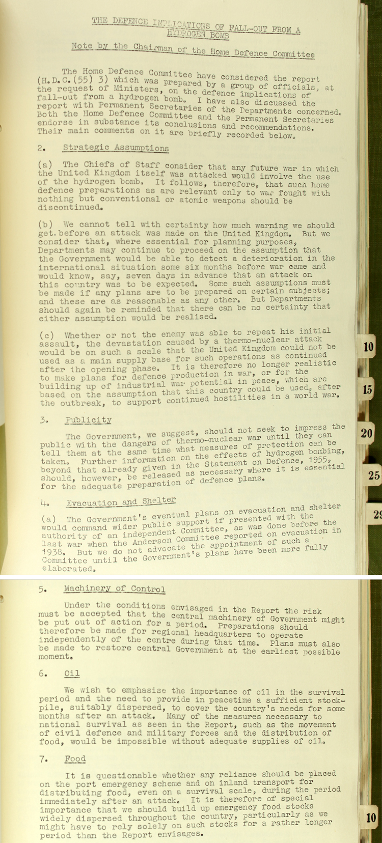 Summary of comments on a report outlining the defence implications of a Hydrogen Bomb attack recorded by Norman Brook at the Cabinet Office, 25th March, 1955 (CAB 134/940)