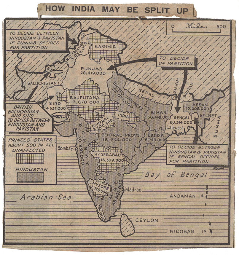 Map of British India with different regions labelled with names and population size.