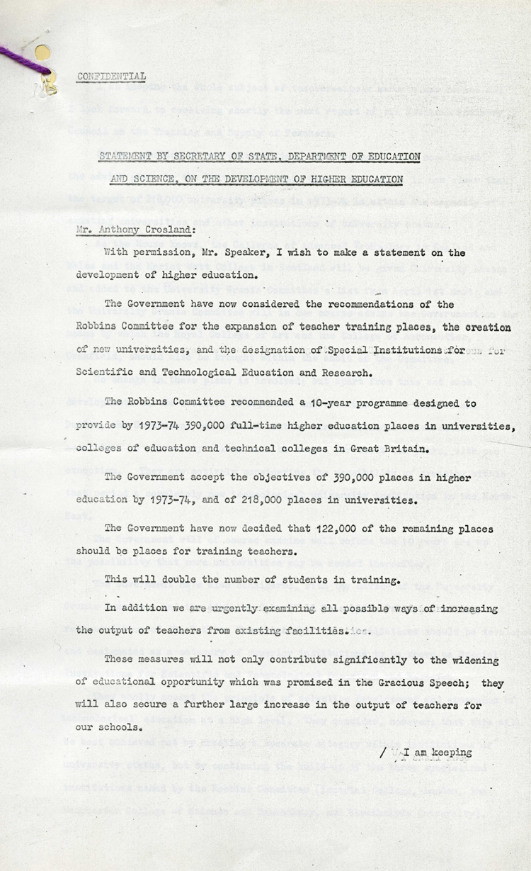 Government statement on plans for higher education by Anthony Crosland, October 1963 (CAB 21/5532)