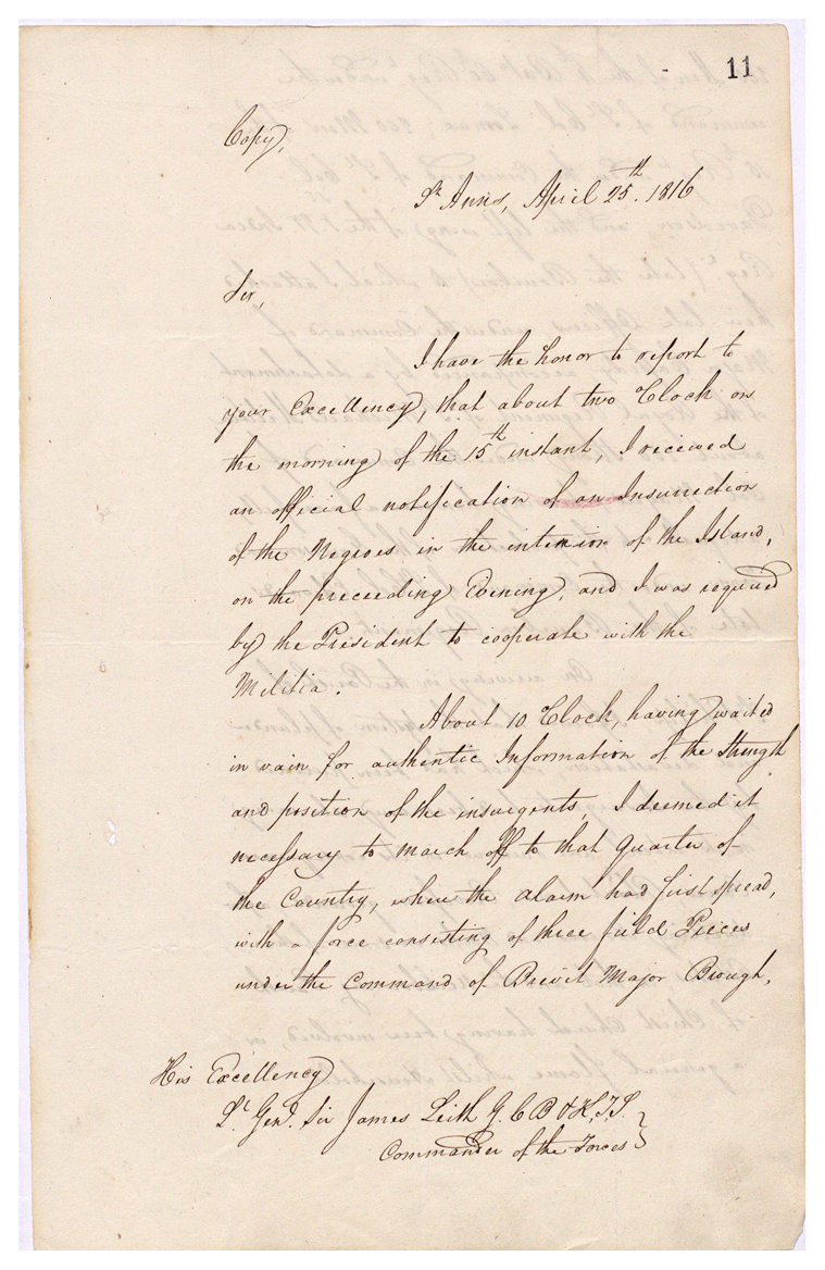 Letter from Colonel Edward Codd to James Leith, his report of the insurrection (CO 28/85)