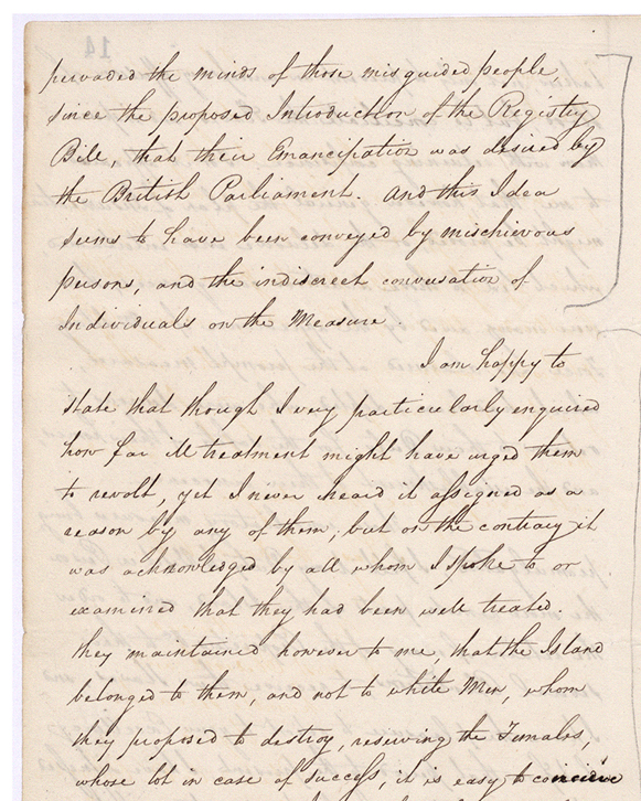 Letter from Colonel Edward Codd to James Leith, his report of the insurrection, 25 April 1816.