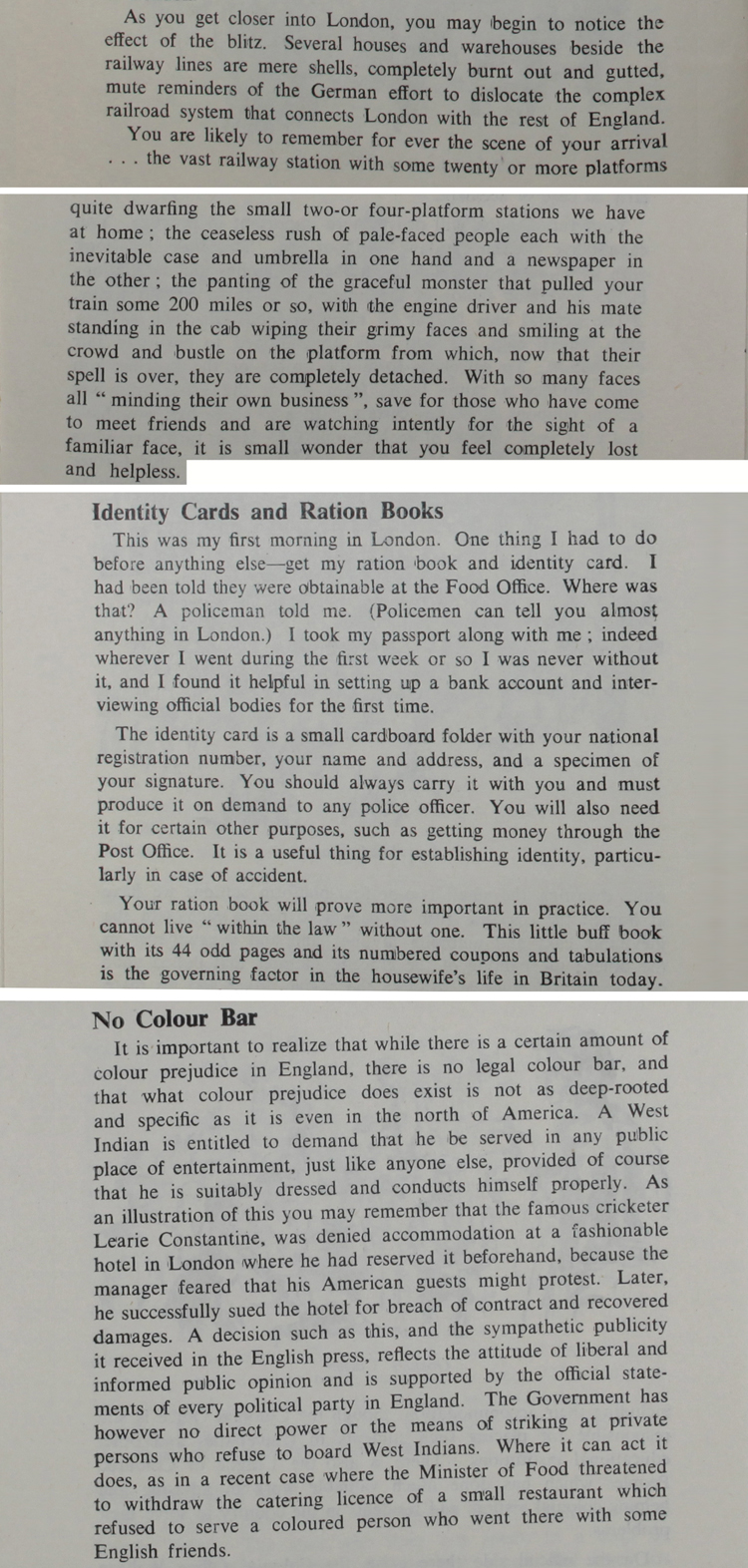 Extracts from a booklet produced in July 1950 by the Central Office of Information called "A West Indian in England" (CO 875/59/1)