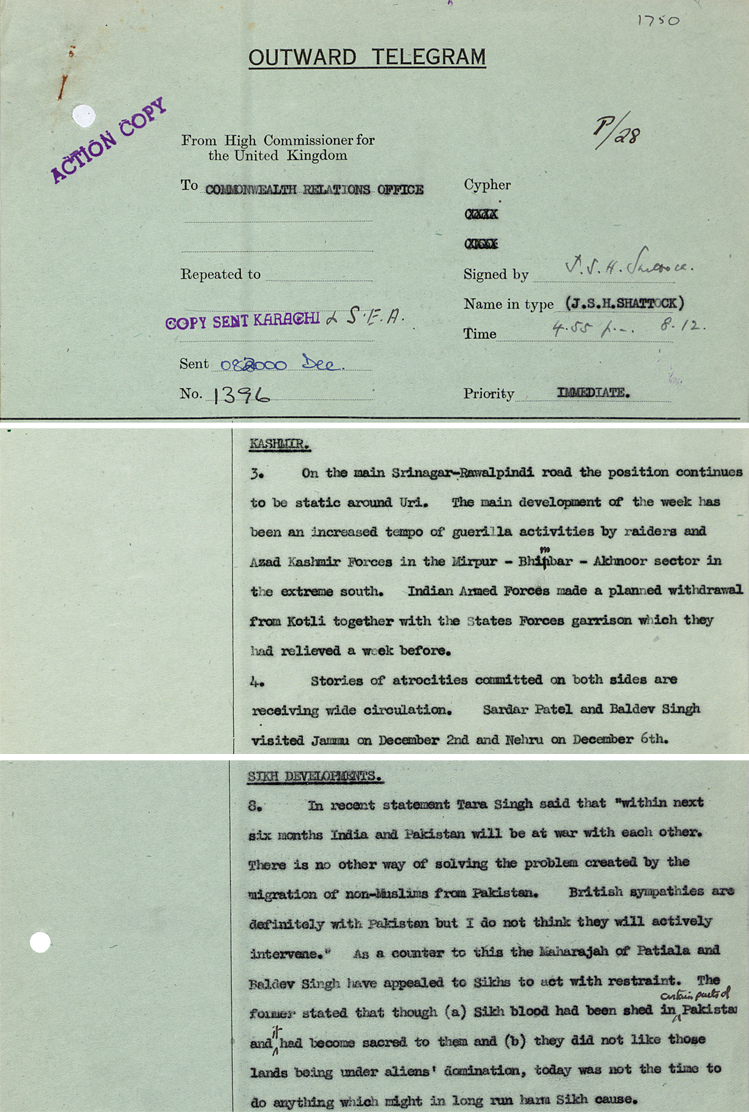 Telegram from Britain's High Commissioner in India on Kashmir and Sikh developments, 8 December 1947 (DO 133/61)