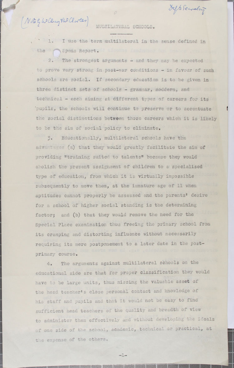 Extract from notes from a series of Education committee meetings about multilateral schools [comprehensives], 1942-1943 (ED 136/300)