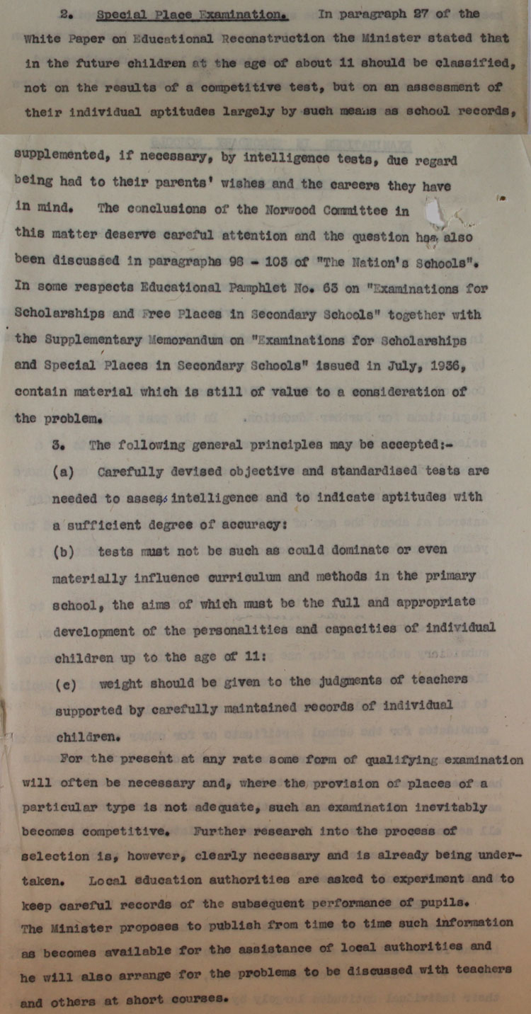 Extract from an Education Department draft circular on the introduction of 11+ exam, July 1945 (ED 147/134)