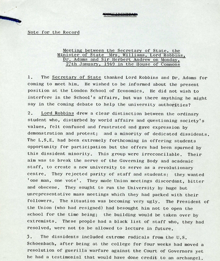 Extract from notes taken at a government meeting on 27th January 1969 concerning events at the London School of Economics (ED 188/340)