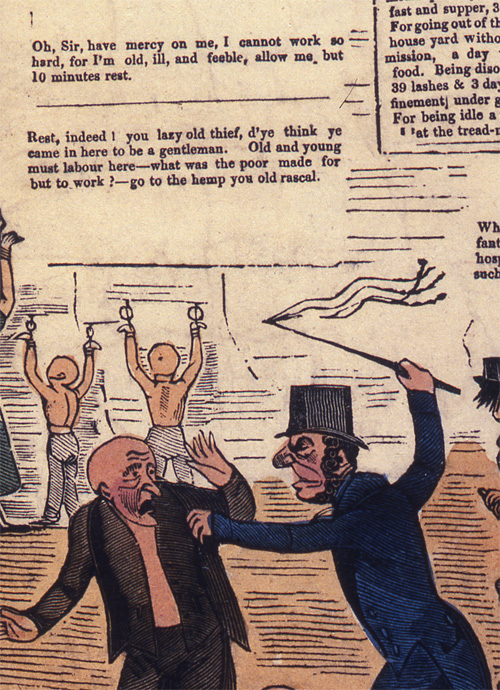 Detail of The New Poor Law poster. A man in a top hat is grabbing another man's arm and brandishing a whip.