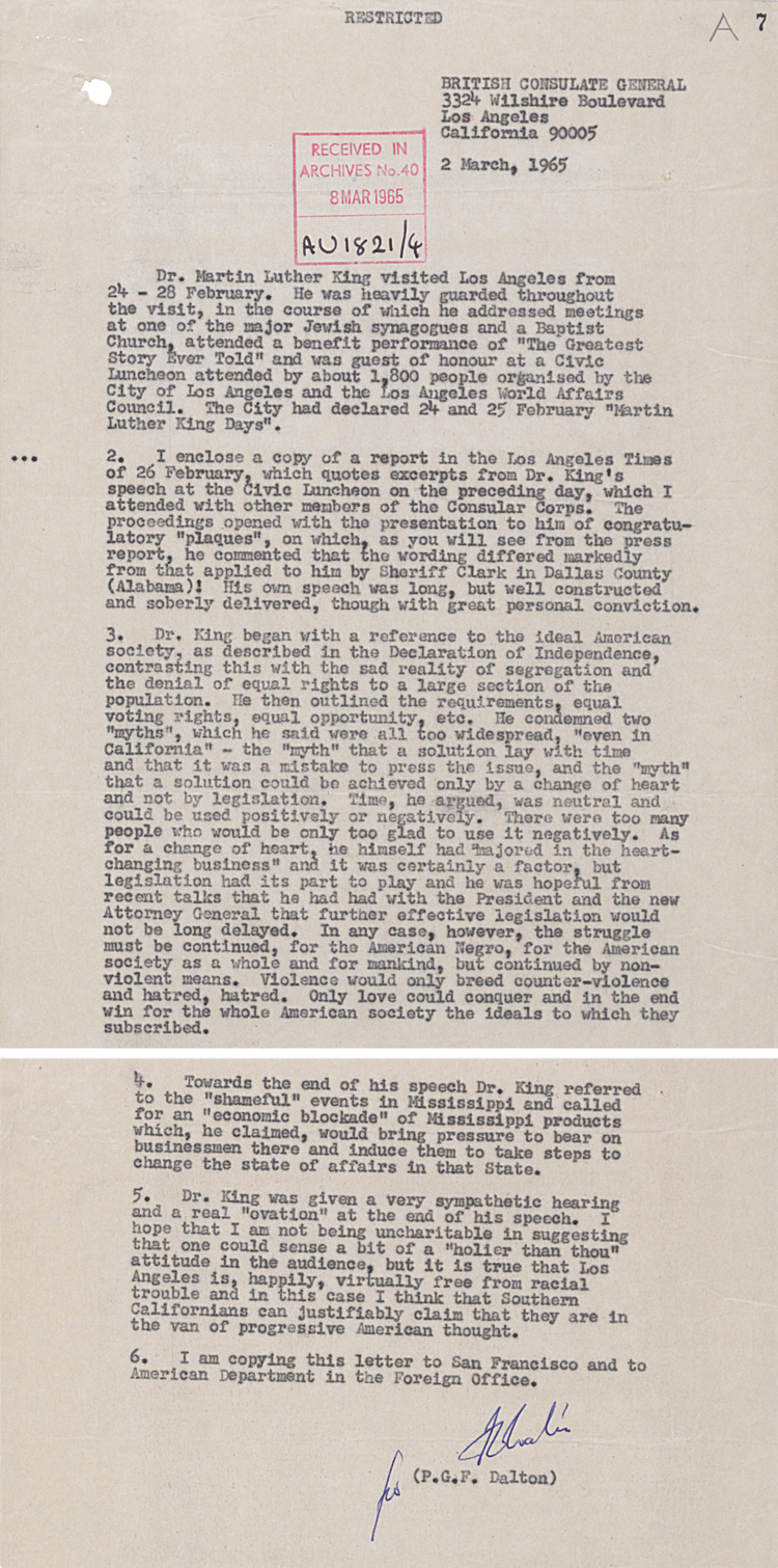 Report from Britain's Consul-General in Los Angeles on a speech by Martin Luther King, 2nd March 1965 (FO 371/179611)
