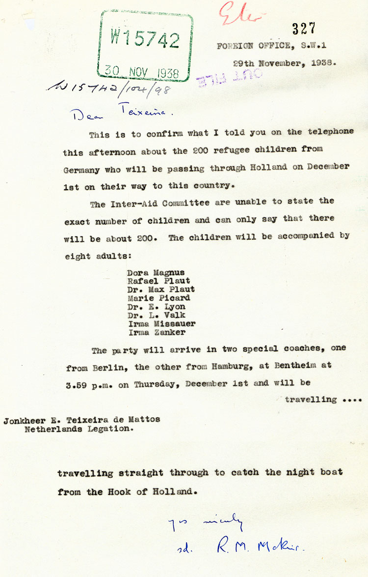 Letter from the British Foreign Office to the Netherlands Legation, 29th November 1938 (FO 371/22538)