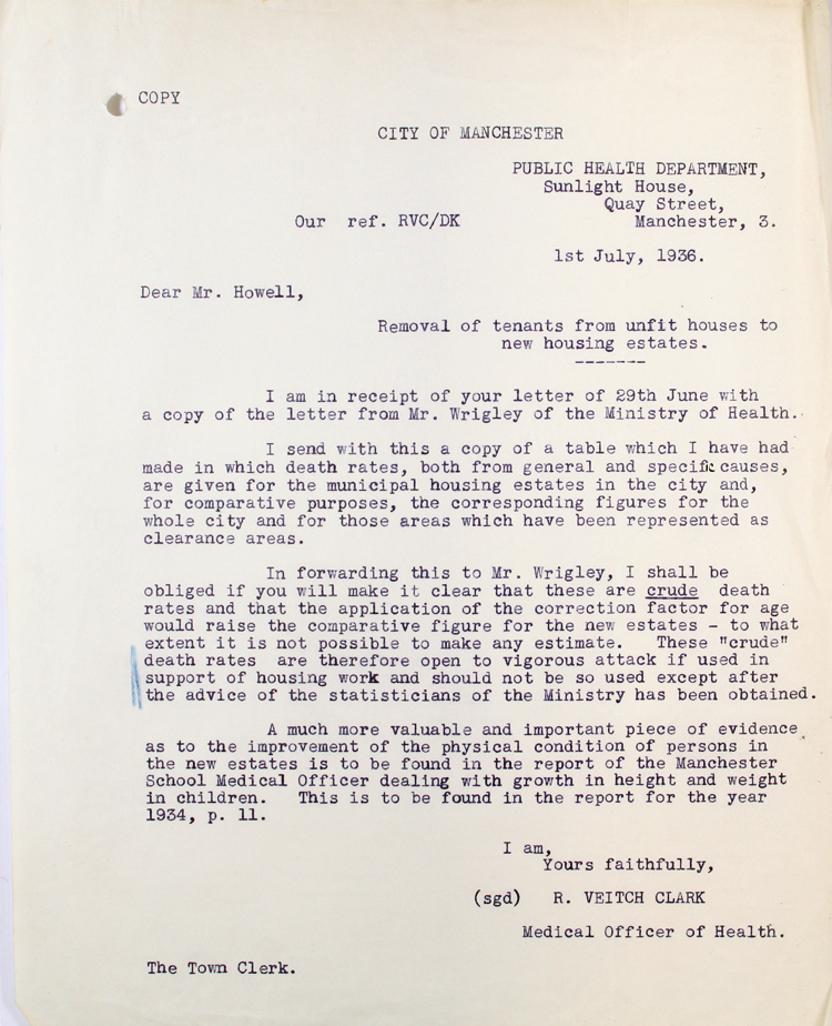 Letter from the Medical Officer of Health for Manchester, 1st July 1936 on measuring improvements in health from new housing (HLG 49/302)