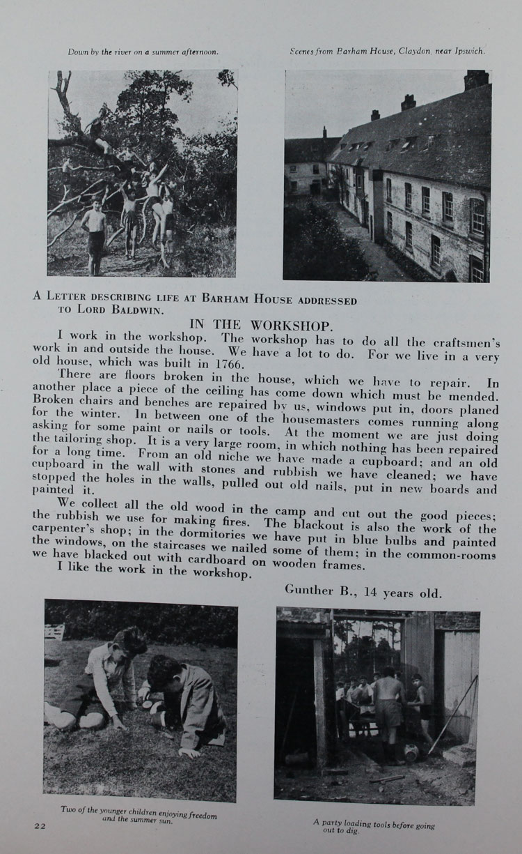 Article with four photos. Top left photo shows a group of children in swimwear posing by a tree. Top right photo shows a house. Bottom left photo shows two children aiming a magnifying glass at the ground. Bottom right photo shows a group of children dragging a wooden cart through a doorway.