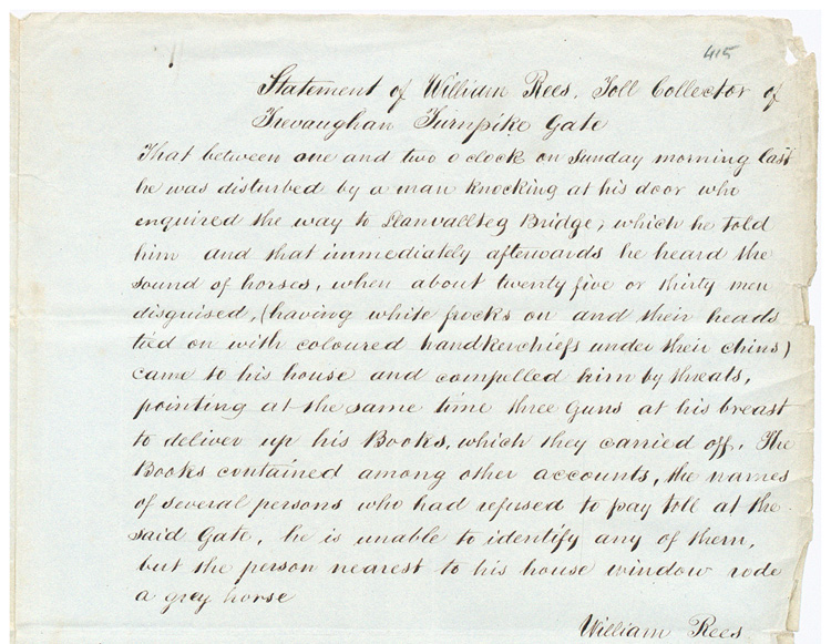 Statement of William Rees, toll collector, 15 August 1843/Datganiad William Rees, Awst 1843 (HO 45/454 f415)