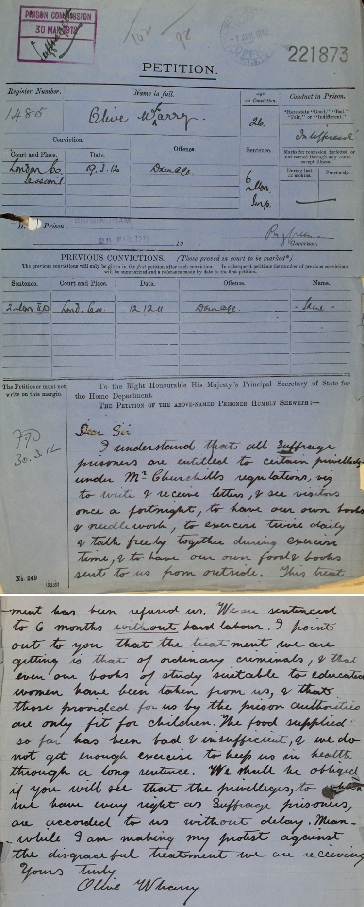 Olive Wharry's petition from prison, 30 March 1912 (HO 144/1205/221873)