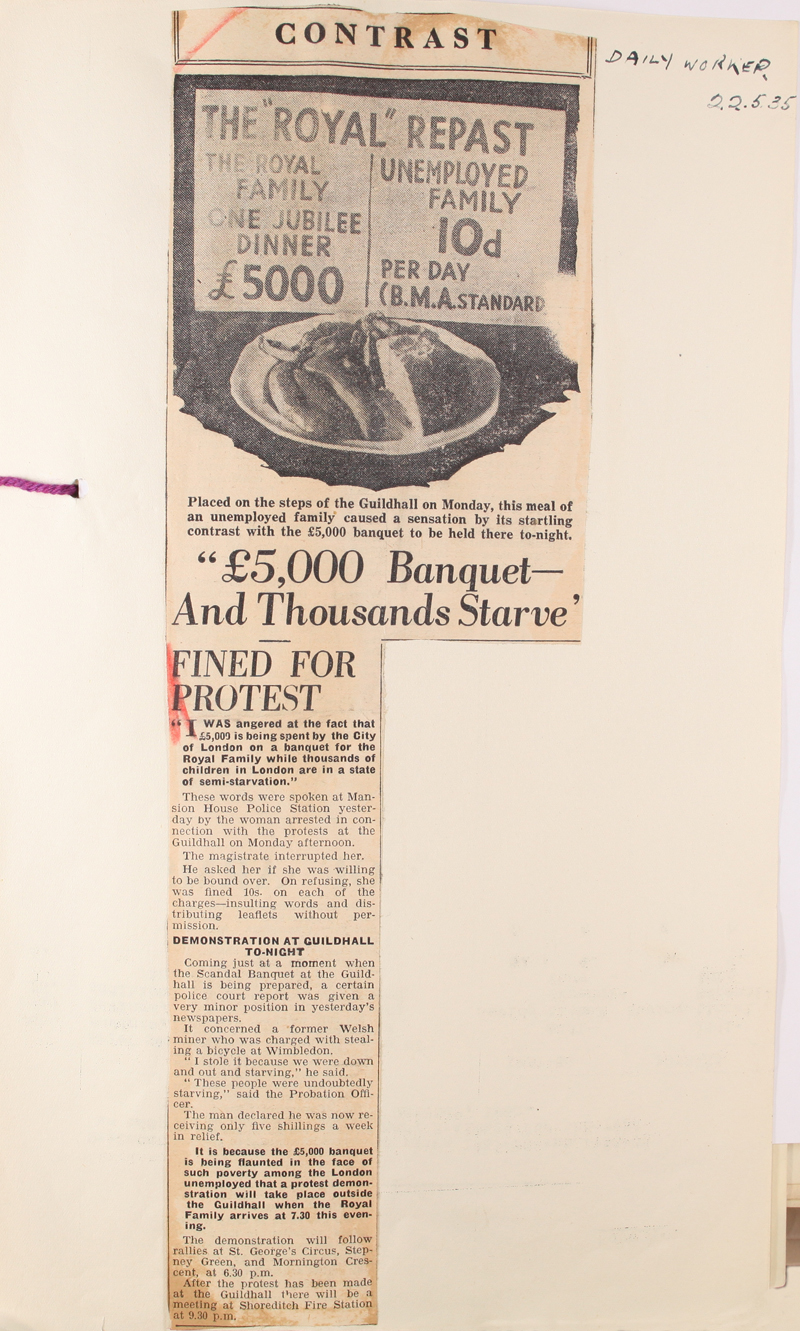 Article from the Daily Worker on the Royal Jubilee dinner, 22nd May 1935 (HO 144/19972) By kind permission of the Morning Star.