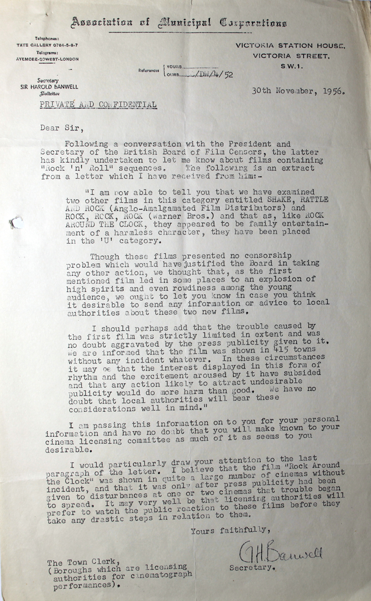 Letter sent to town clerks of boroughs responsible for licensing films for public viewing from the Association of Municipal Corporations, 30th November 1956 (HO 300/6)