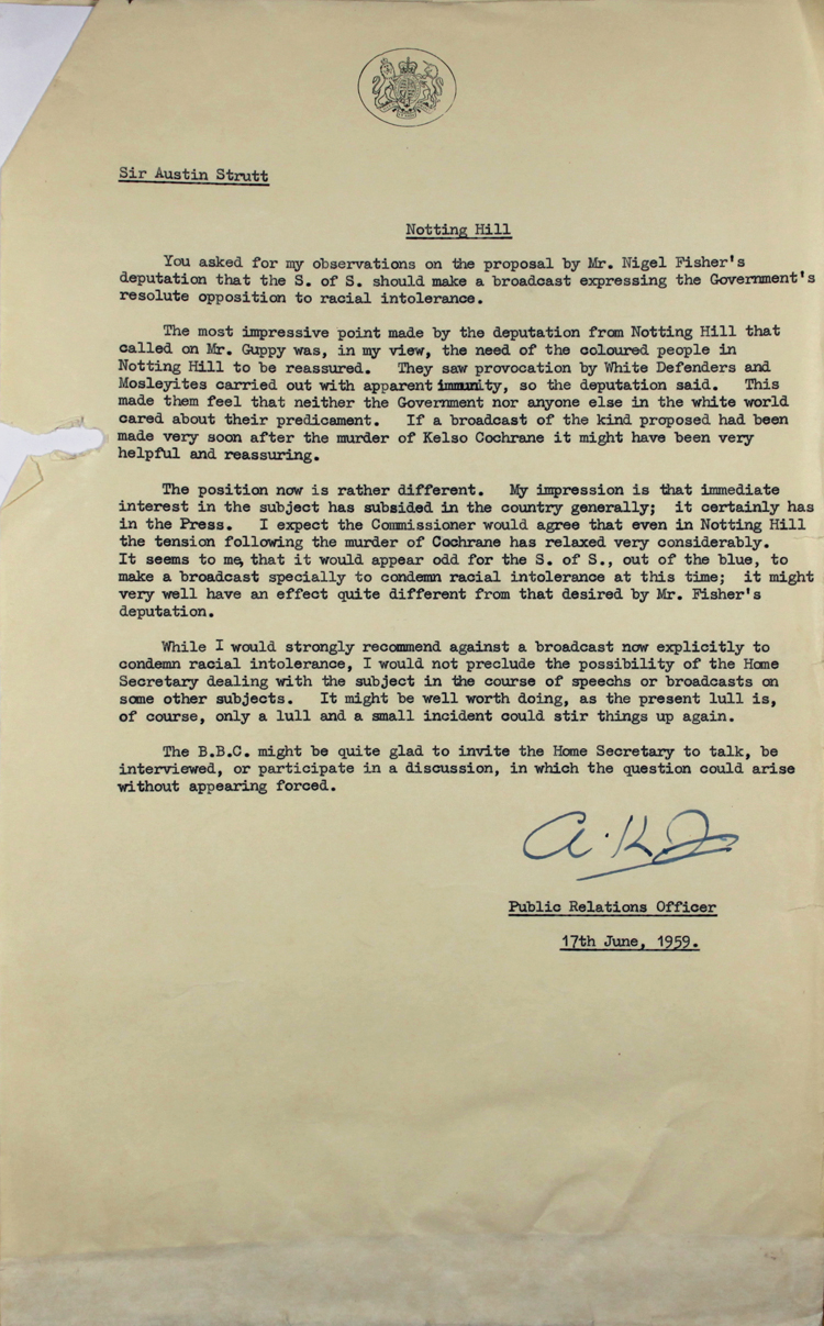 Briefing for the Assistant Under-Secretary of State Sir Austin Strutt, from a Public Relations Officer, 17th June 1959 (HO 344/44)