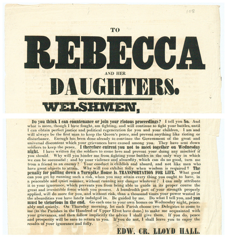 Rebecca Riots handbill in English/Hysbyslen, Mehefin (Saesneg) 1843 (HO 45/454 f107, f108)Rebecca riots handbill in English, 20 June 1843 (HO 45/454 f.107)