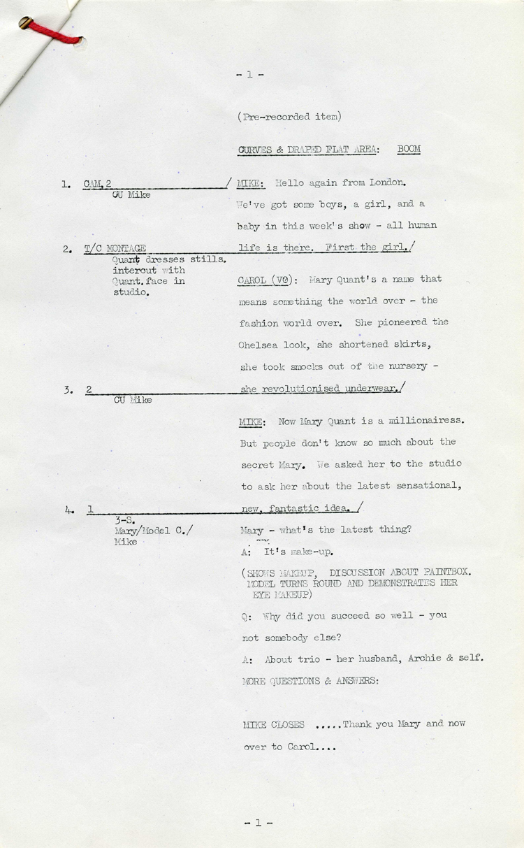Production notes and script for a short film item about Mary Quant in "London Line Colour "C" No.4", 1966 (INF 6/1237)