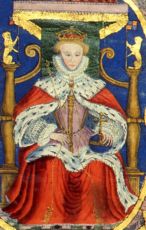 Miniature painted portrait of Queen Elizabeth I sitting on a throne in red royal robes. She is wearing a crown and holding a sceptre. Her expression is solemn and serious.