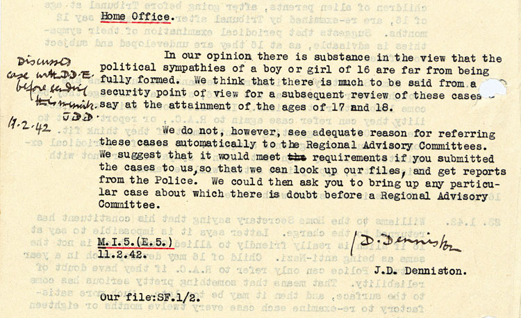 Extract from a Secret Service document relating to enemy aliens aged sixteen and above, 11th February, 1942 (KV 4/390)