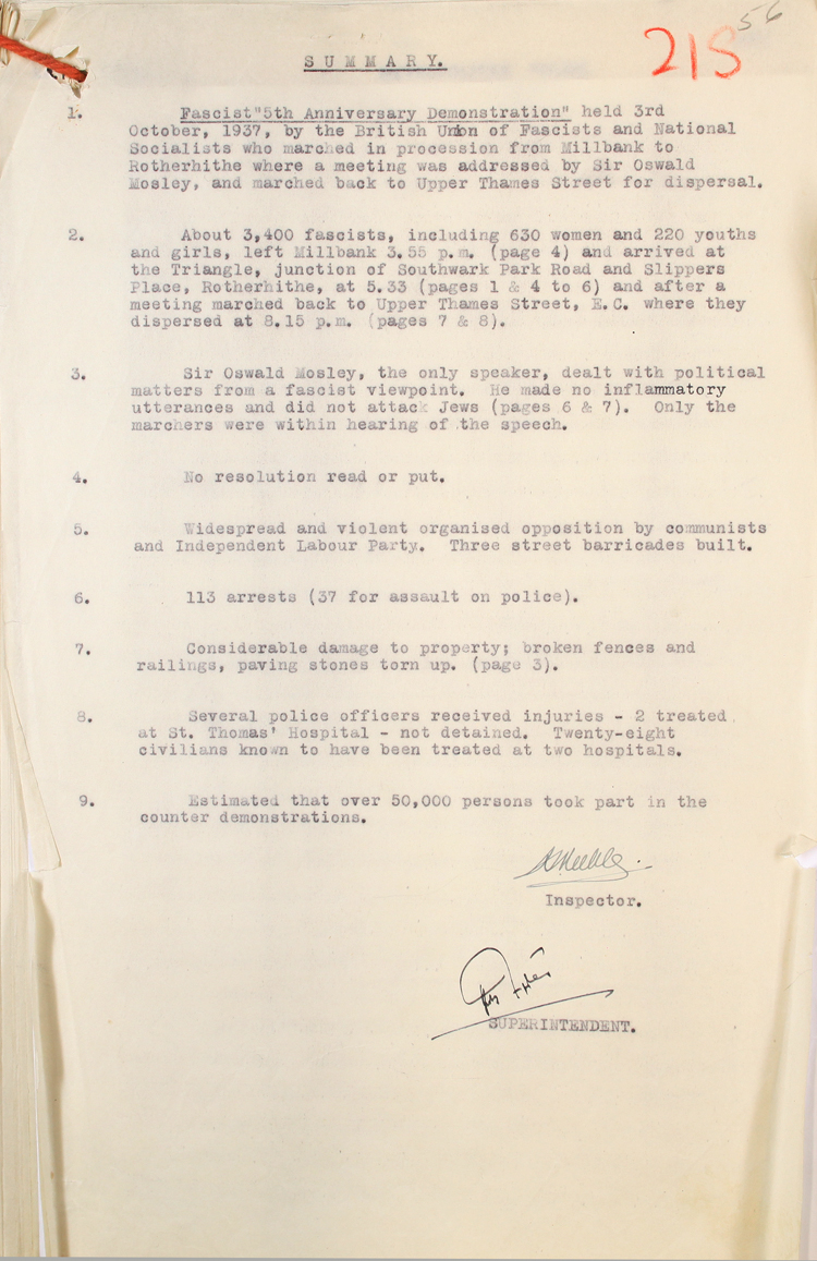 Police summary on Fascist 5th Anniversary March, 27th October 1937 (MEPO 2/3117)