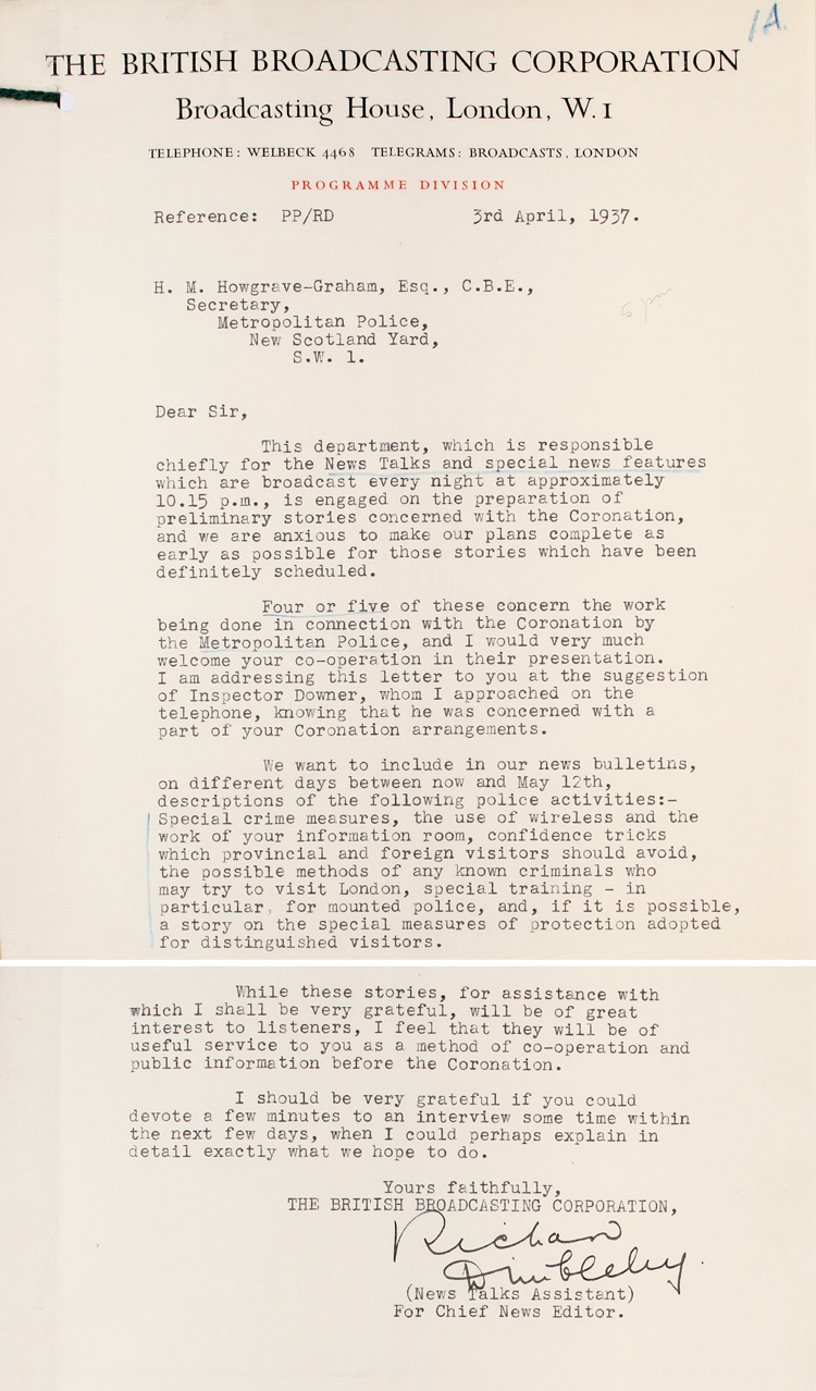 Letter from the BBC to the Metropolitan police, 3rd April 1937 (MEPO 2/3896)