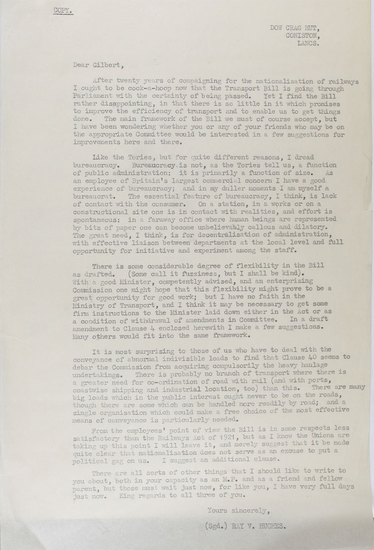 Letter from a senior planning engineer for the London, Midland and Scottish Railway, to MP Gilbert McAllister about the Railways Nationalisation Bill, 30th January, 1947(MT 74/188)