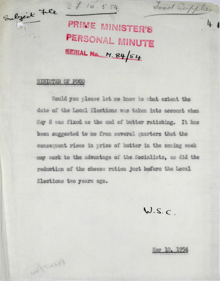 Memo from Prime Minister Winston Churchill to Gwilym Lloyd George, the Minister of Food, May 1954 (PREM 11/661)