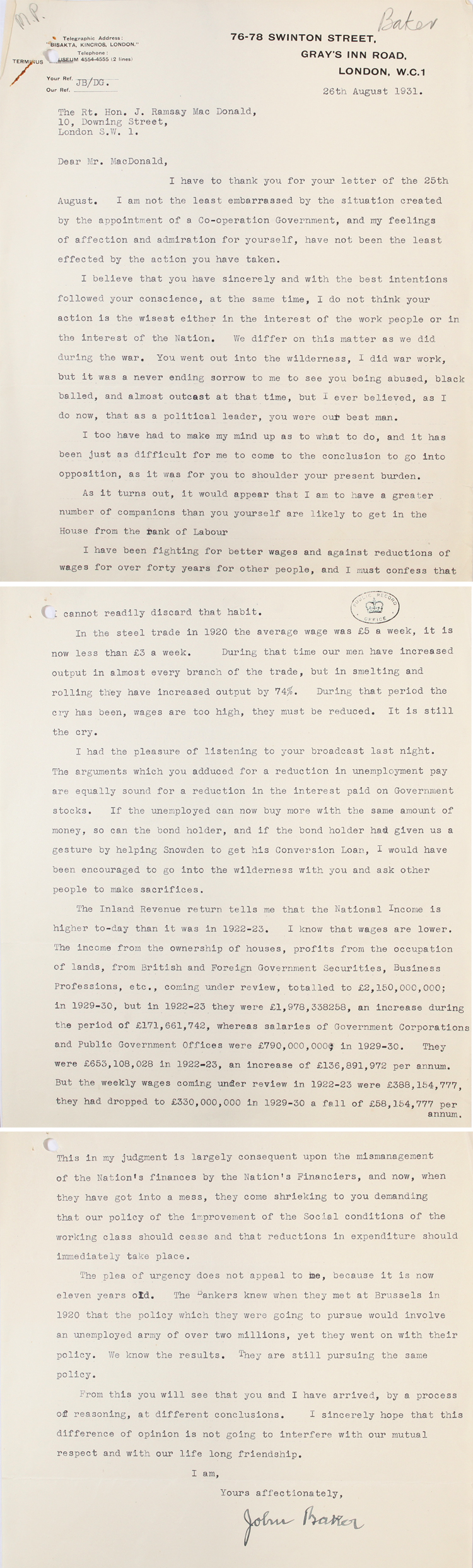Letter from Labour MP John Baker to Prime Minister Ramsay MacDonald on the creation of the National Government, 26th August 1931 (PRO 30/69/1315)