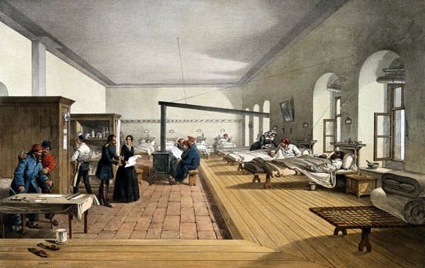 Illustration of a room filled with simple beds. Sick people lie in the beds and people are helping them. A woman stands in the centre of the room holding a piece of paper and talking to the uniformed man next to her.