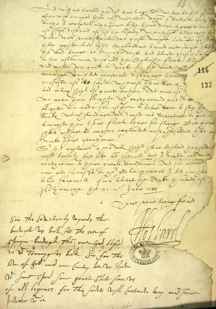 Lord Howard of Effingham, the Admiral of the English fleet, sent this report to Francis Walsingham 21 July (SP 12/212)
