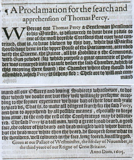 Proclamation for the arrest of Thomas Percy, 5th November 1605 (SP 14/73/67)