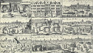 Six image panels, each showing scenes from the Great Plague including coffins being buried and the sick being cared for.