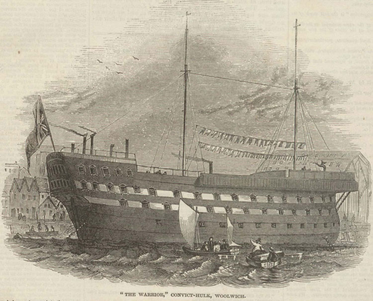 A wooden ship labelled ‘The Warrior, convict-hulk, Woolwich’.