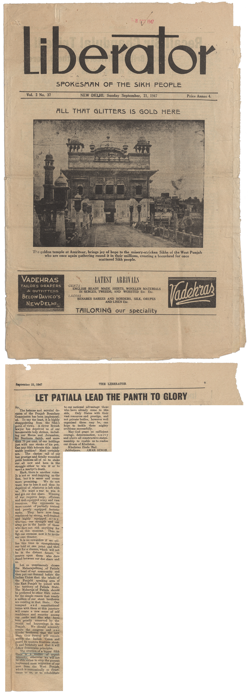 Newspaper article with a monochrome photograph of the golden temple at Amritsar at the top.