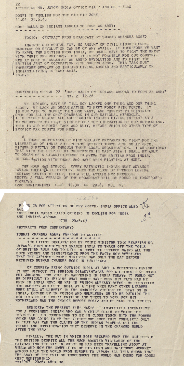 British transcript of broadcasts made by Chandra Bose in June 1943 (WO 208/3812)