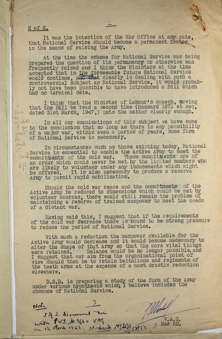 Memo to the Secretary of State for War from Alexander Douglas Campbell, Vice Adjutant General, March 1952 (WO 32/16146)