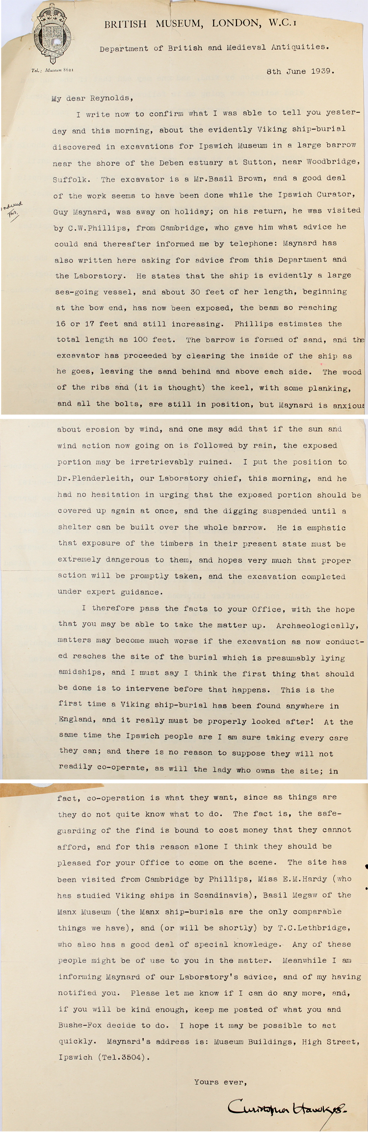 Letter from an official at the Department of British Medieval Antiquities at the British Museum to the Inspector of Ancient Monuments, 8th June 1939 (WORK 14/2146)