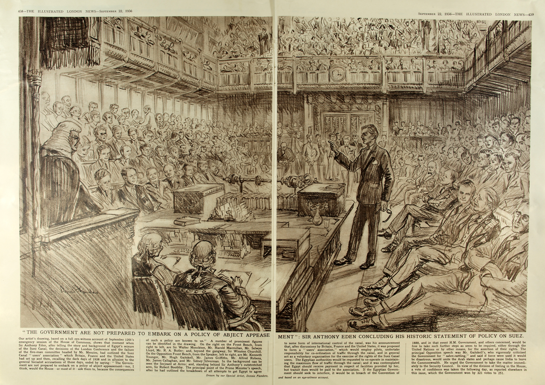 Newspaper article with large illustration of a man in a suit standing up and speaking to a seated crowd in the Commons Chamber.