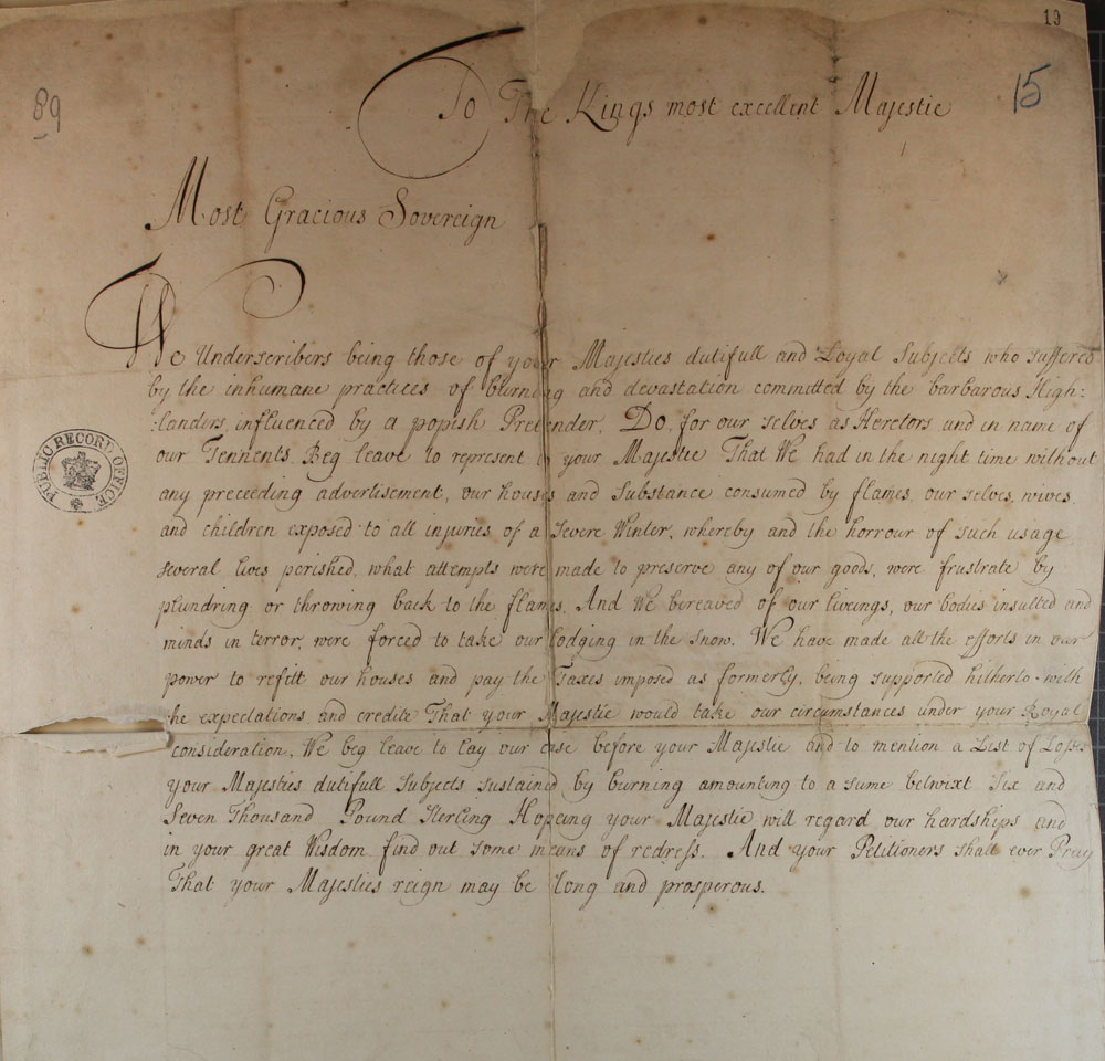 Petition to King George I after the Jacobite rising of 1715 (SP 35/7/15b)