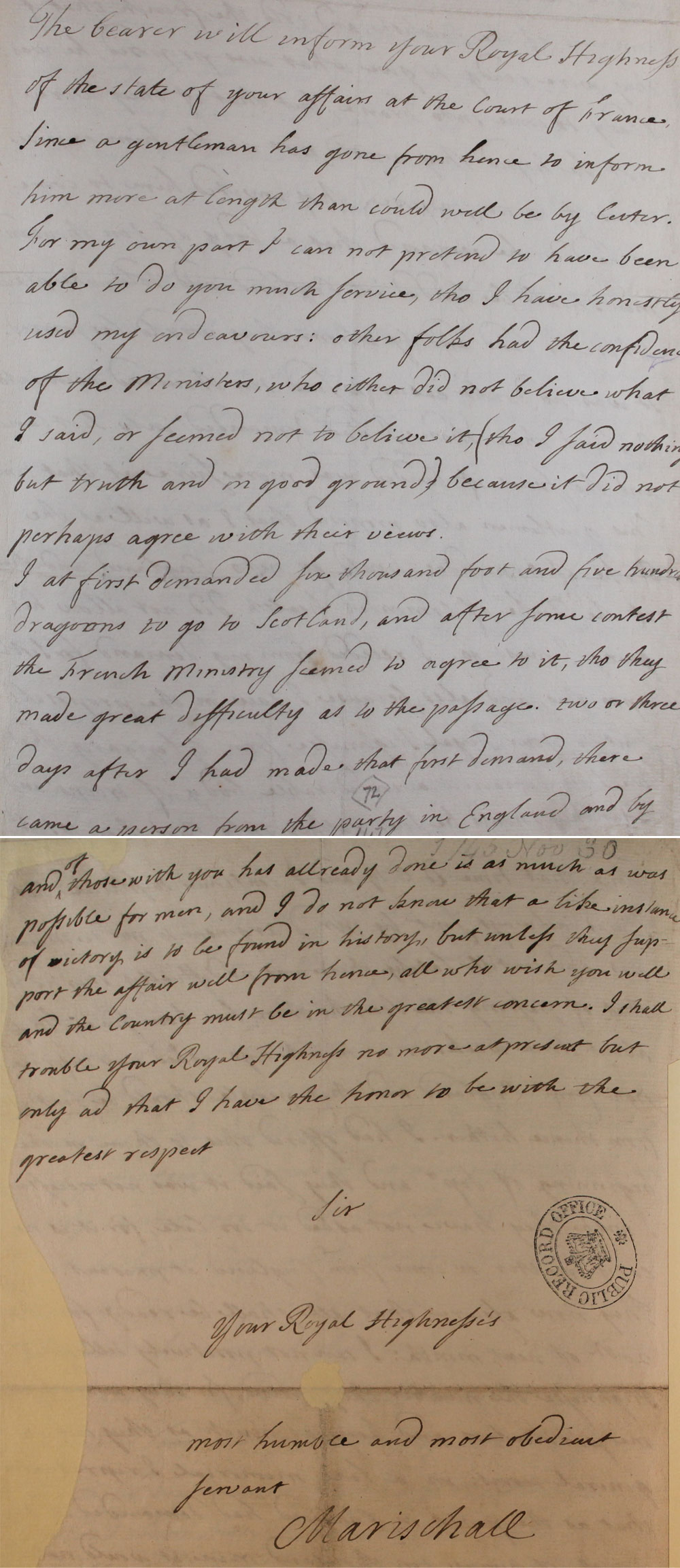 A letter from George Keith, SP 36/74 f.61