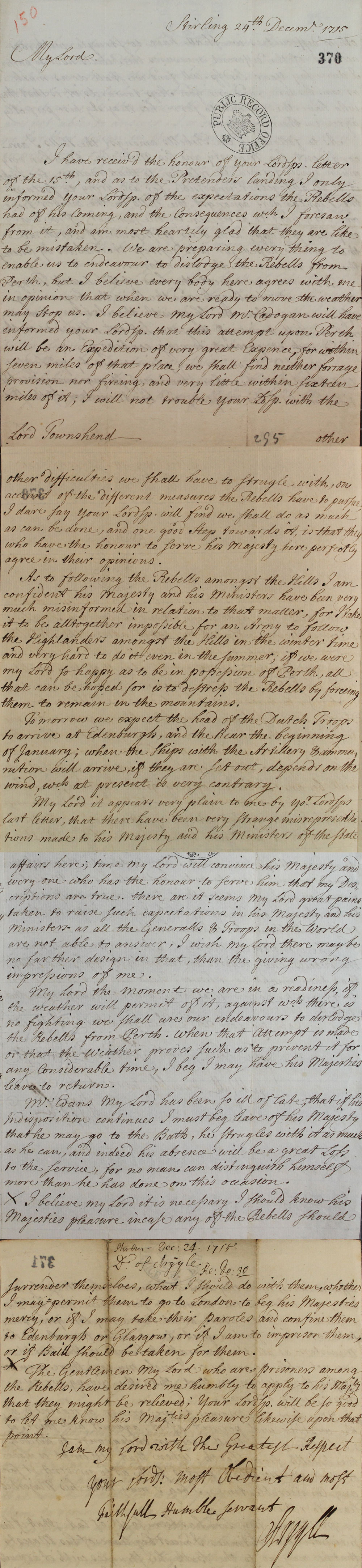 Letter from Lord Argyll to Secretary Townshend (SP 54/10/150)
